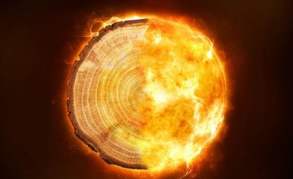 A composite image of a tree ring and flames - the UQ researchers analysed data from tree rings to measure historical cosmic events. A photoshopped image of a tree ring on a dark background, with one half on fire.